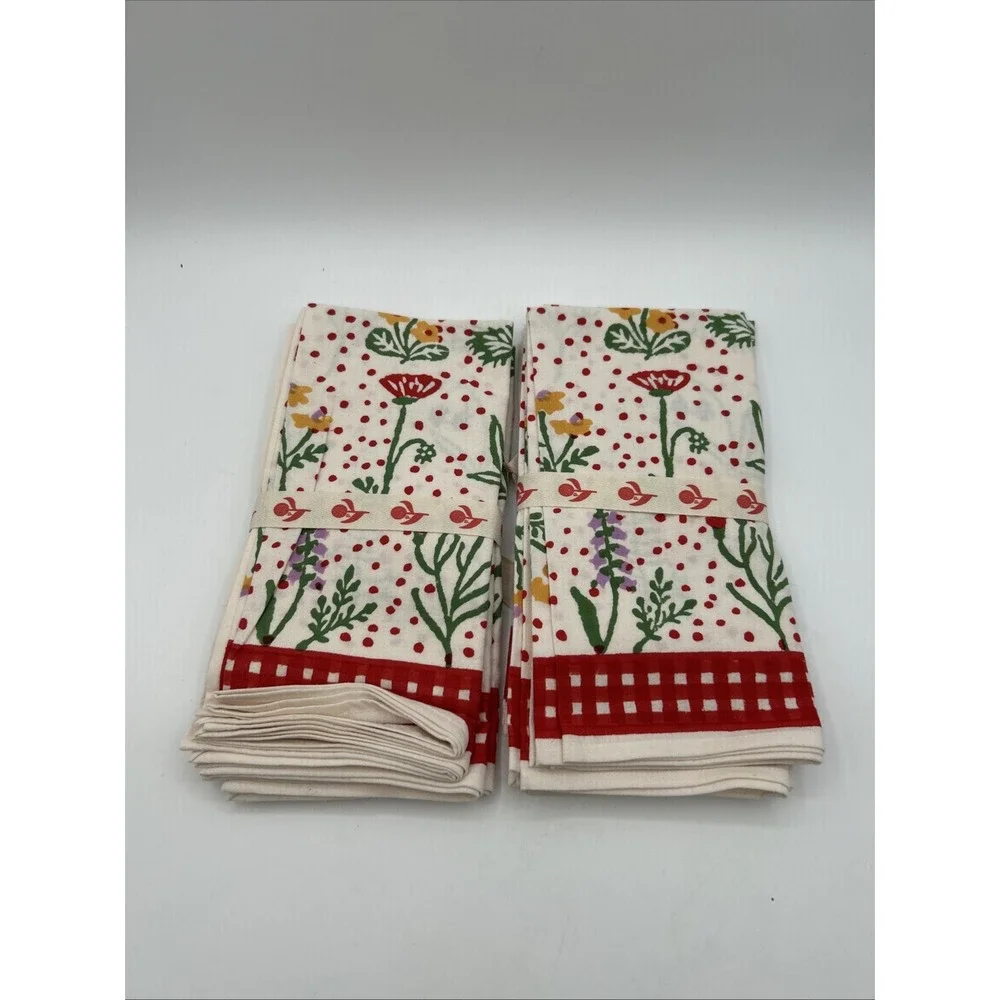 Pomegranate Cotton Napkins 20x20 Green Vines Geometric Hand Block Print 8 Pack